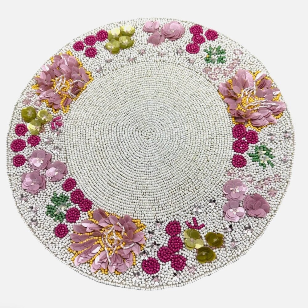 Christian Lacroix Beaded 3D Flower Placemat Centerpiece Pink Green Summer Floral